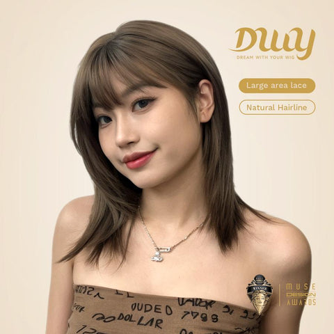 Elysia-DWY 16-Inch Brown Layered Wig with Highlights and Air Bangs - Glueless Synthetic for Women