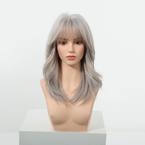 【New in】Tegan - 18-Inch Mid-Length Wavy Wig with Blunt Bangs in Light Ash Blonde