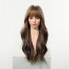 Front view of a long wavy ash brown synthetic wig with full bangs on a realistic mannequin against a white studio background. The hair features cascading waves with subtle highlights, ideal for cosplay, daily wear, or fashion styling.