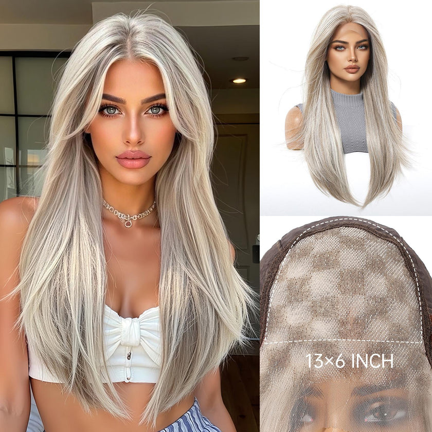 Ethel-DWY 13x6 Filter Lace Front Free Part Long Length Straight Brown with Highlights Glueless Synthetic Wig