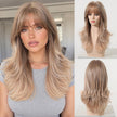 A three-image composite showcasing a DWY long, layered, wavy blonde wig with full bangs. The main image features a model wearing the wig, while the smaller images on the right show the front and back views on a mannequin head.