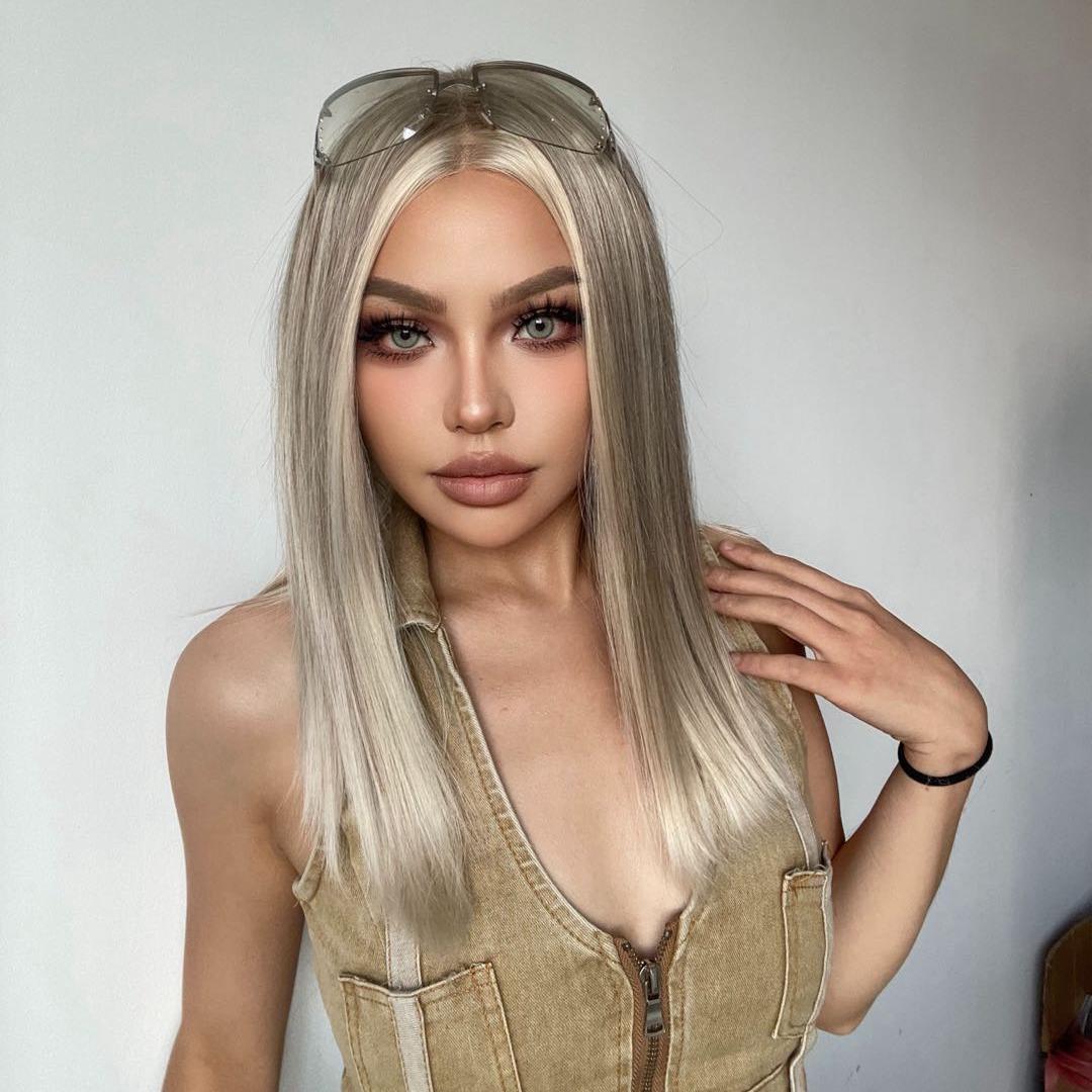 [*Gwen]DWY Ash Blonde White Balayage Highlights BOB 12 inch Wig Straight Lace Front Wigs BL66217-1