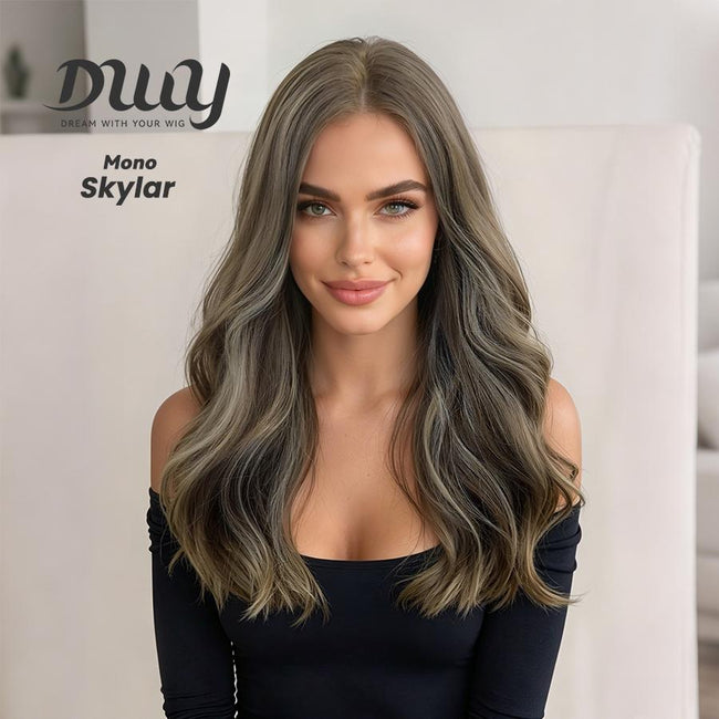 Skylar-DWY Mono Lace Front Free Part Long-Length Curly Brown with Highlights Glueless Synthetic Wig for Women 20 Inches