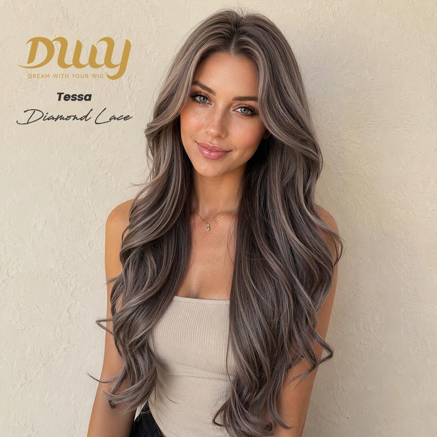 Tessa -DWY Women's Glueless Frontal Wig, 26-Inch Pre-Cut U-Part Diamond Lace Long Cool Brown with Highlights Curly Synthetic Wavy Wig, Glueless Frontal Wigs