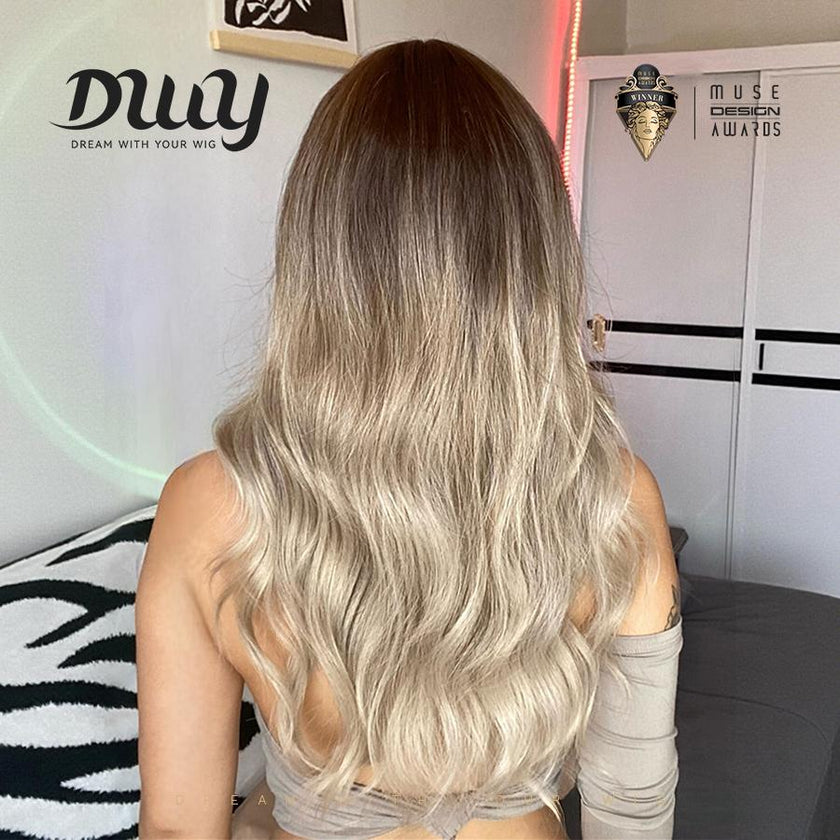 【CLEARANCE SALE】Dako DWY Machine Made Long length Wavy Hairstyle Ash Brown Glueless Synthetic Wig for Women 28 Inches Silky Straight Wig, Glueless Wigs