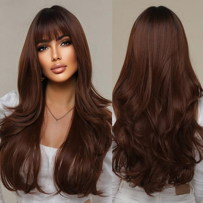 DWY 26 inches Long Curly Brown with Bangs Synthetic Wig