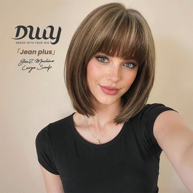 Jean plus -DWY【Gen 2 Large Realistic Scalp】Short Straight Brown with Blonde Highlights Glueless Synthetic Wig with Bangs