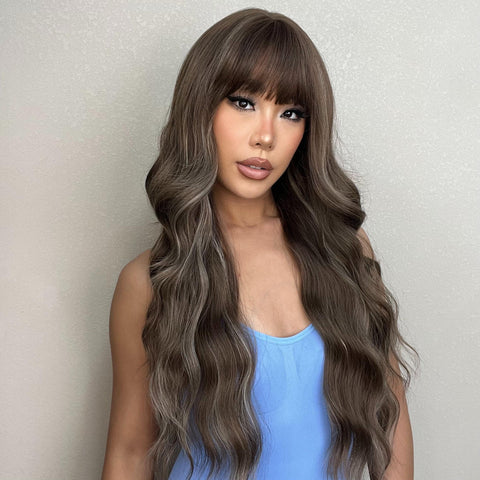 Abigail-DWY Brown With Blonde Highlight Tresses Wavy Synthetic Wig With Bangs