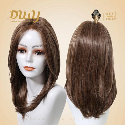 Addison- DWY Mono Lace Front 16-Inch Mid-Length Glueless Synthetic Wig - Brown with Highlights (Skin Weft)