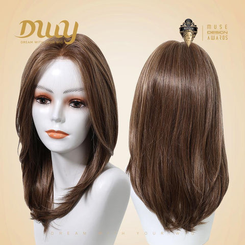 Addison- DWY Mono Lace Front 16-Inch Mid-Length Glueless Synthetic Wig - Brown with Highlights (Skin Weft)