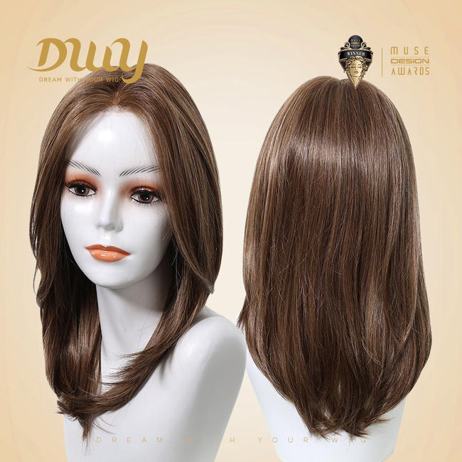 Addison- DWY Mono Lace Front 16-Inch Mid-Length Glueless Synthetic Wig - Brown with Highlights (Skin Weft)