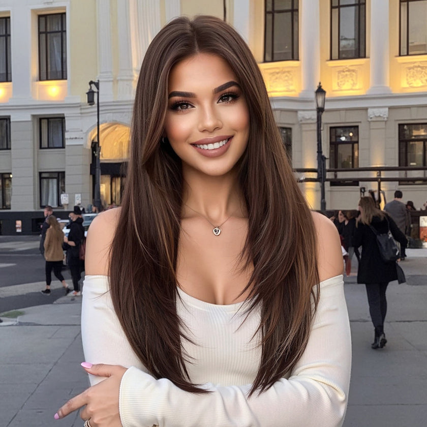 (Us Only)DWY 13*6 Free Part 24 Inch Long Straight Natural Brown Wig