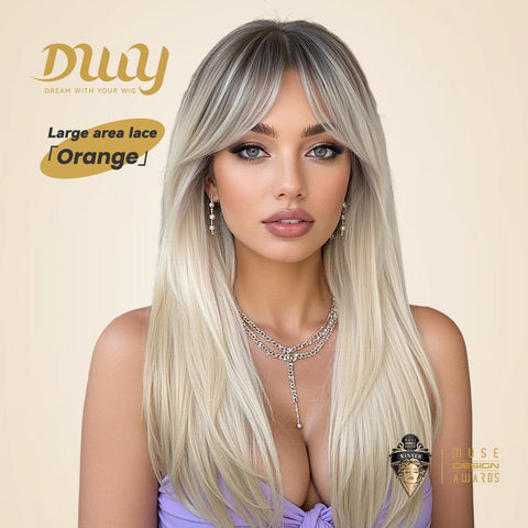 Orange- 24-Inch Long-Length Straight Layer-Cuts Wig with Bangs - Glueless Synthetic Wig