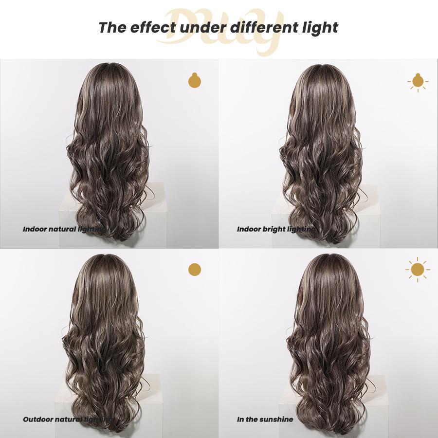Tessa -DWY Women's Glueless Frontal Wig, 26-Inch Pre-Cut U-Part Diamond Lace Long Cool Brown with Highlights Curly Synthetic Wavy Wig, Glueless Frontal Wigs
