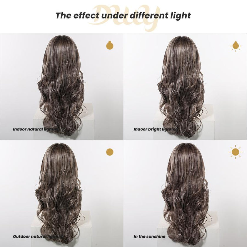 Tessa -DWY Women's Glueless Frontal Wig, 26-Inch Pre-Cut U-Part Diamond Lace Long Cool Brown with Highlights Curly Synthetic Wavy Wig, Glueless Frontal Wigs