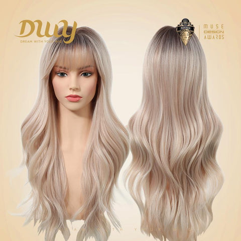 【New in】Astraea- DWY 28-Inch Pink Blonde Long Wave Synthetic Wig with Free Parting