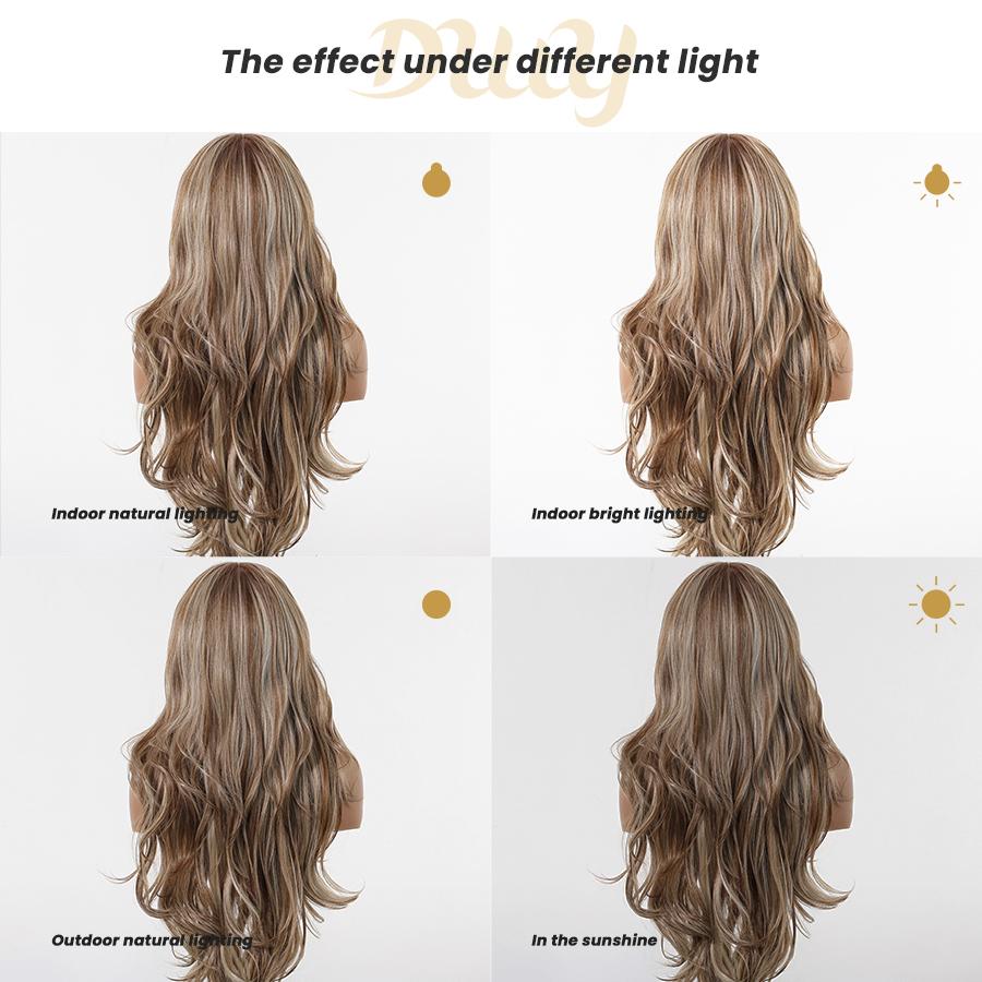 Jasmine -DWY 13×6 Lace Front Free Part Long-Length Layer-cut Curly Brown Highlighted Glueless Synthetic Wig for Women 28 Inches Lace Frontal Wig Layered Wig