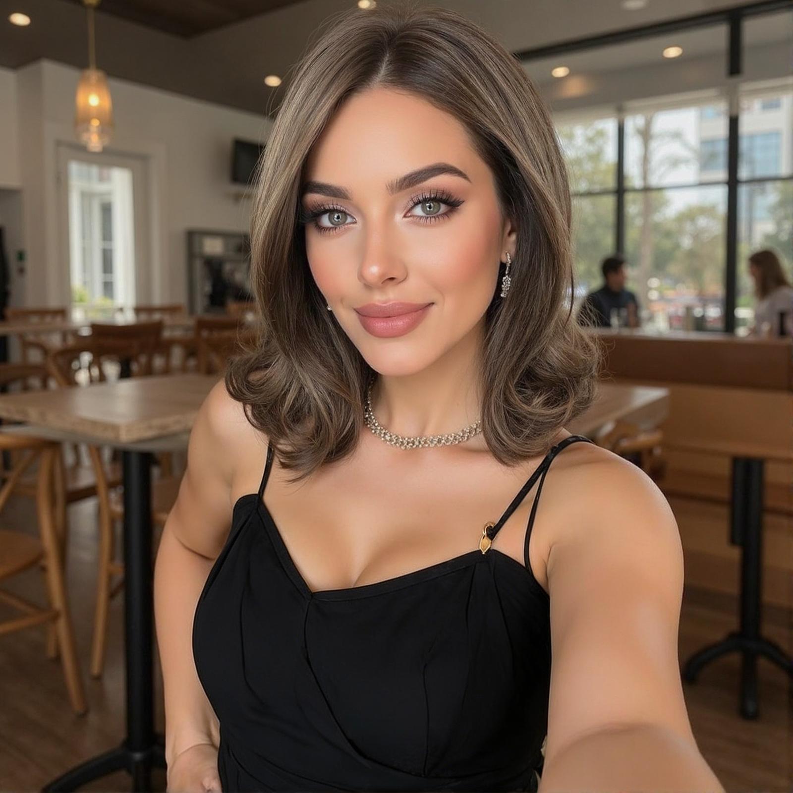A close-up portrait of a beautiful woman with light brown hair and green eyes, smiling at the camera in a restaurant. She wears a stylish black DWY dress and delicate jewelry. The blurred background shows tables and blurred figures.