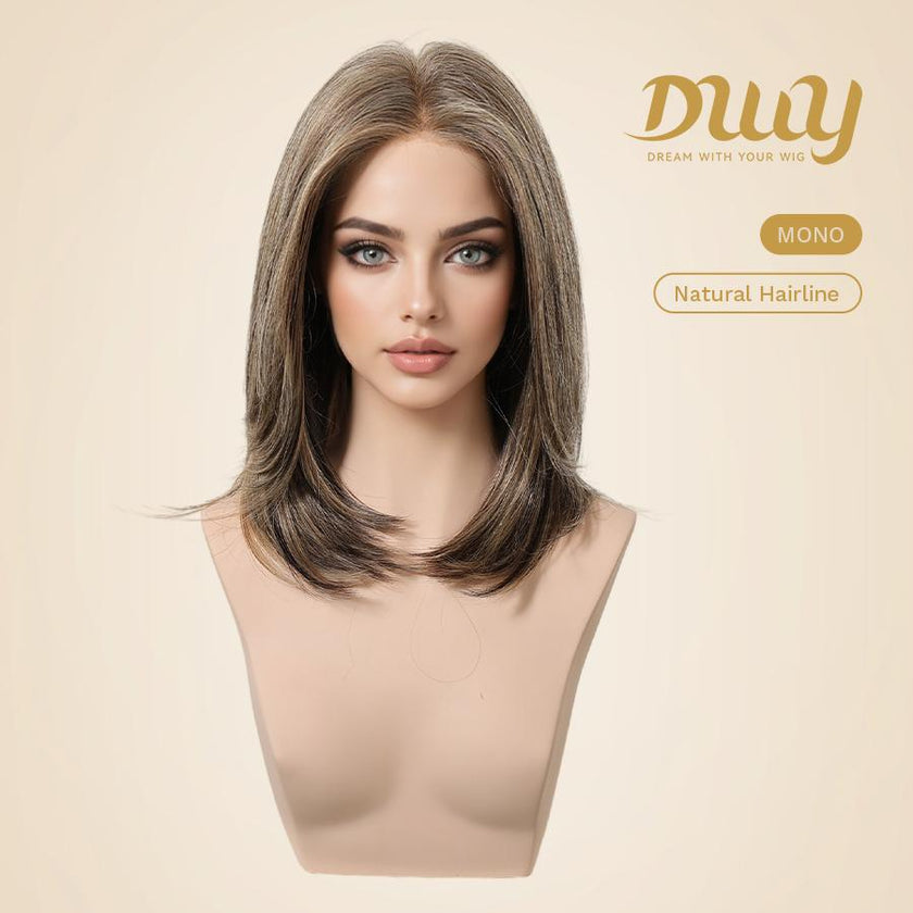 Andie-NEW! DWY Mono Lace Front Free Part Dark Ash Brown Layered Lob Glueless Synthetic Wig for Women 14 Inches