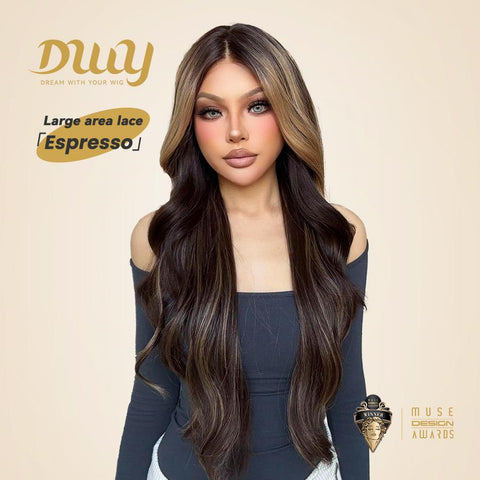Espresso-DWY 28-Inch Lace Front Wig: Wavy Dark Brown with Highlights - Glueless Free Part Style