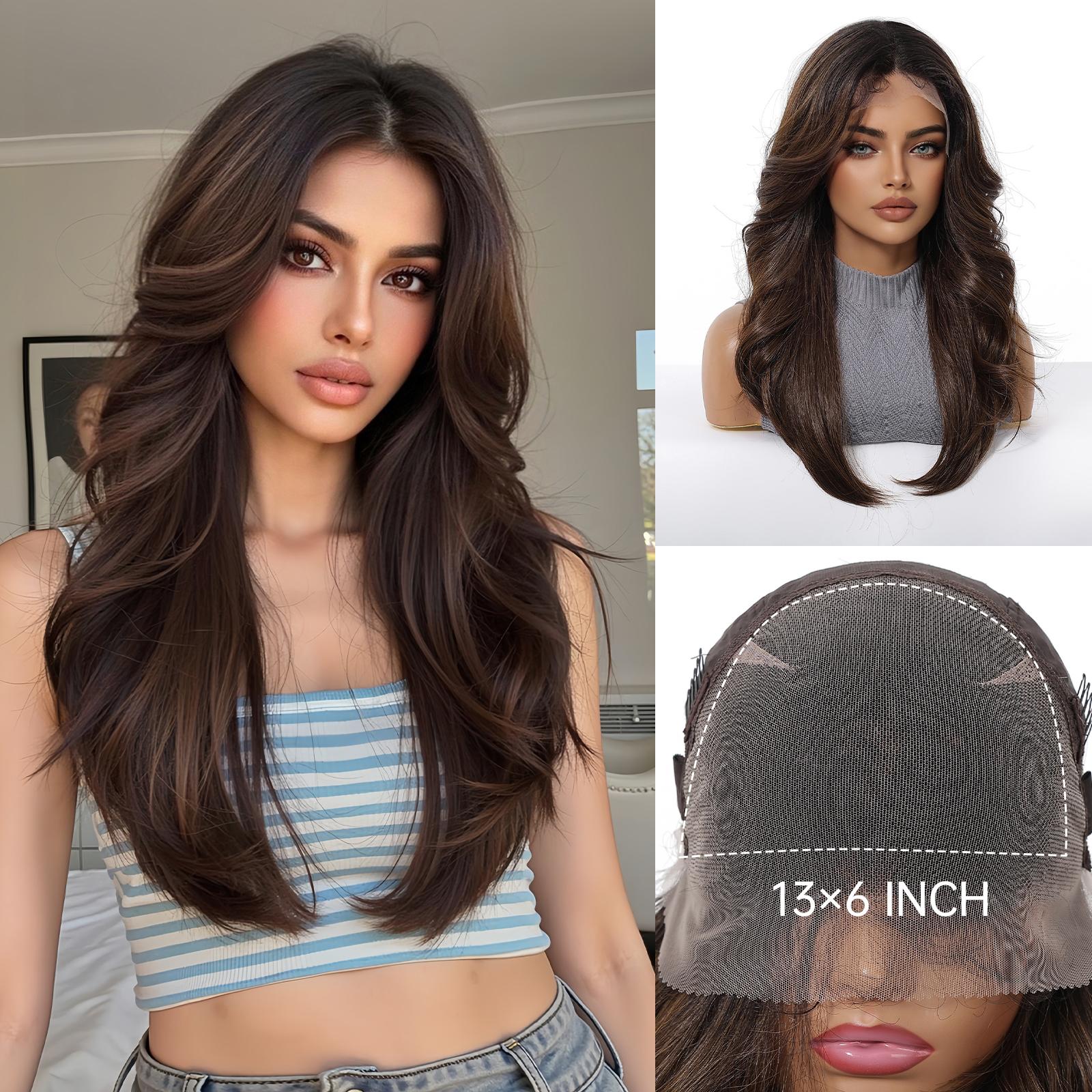 Tilly - DWY 13x6 Filter Lace Front Free Part Medium-Length Wavy Brown Black Wig with Dark Roots