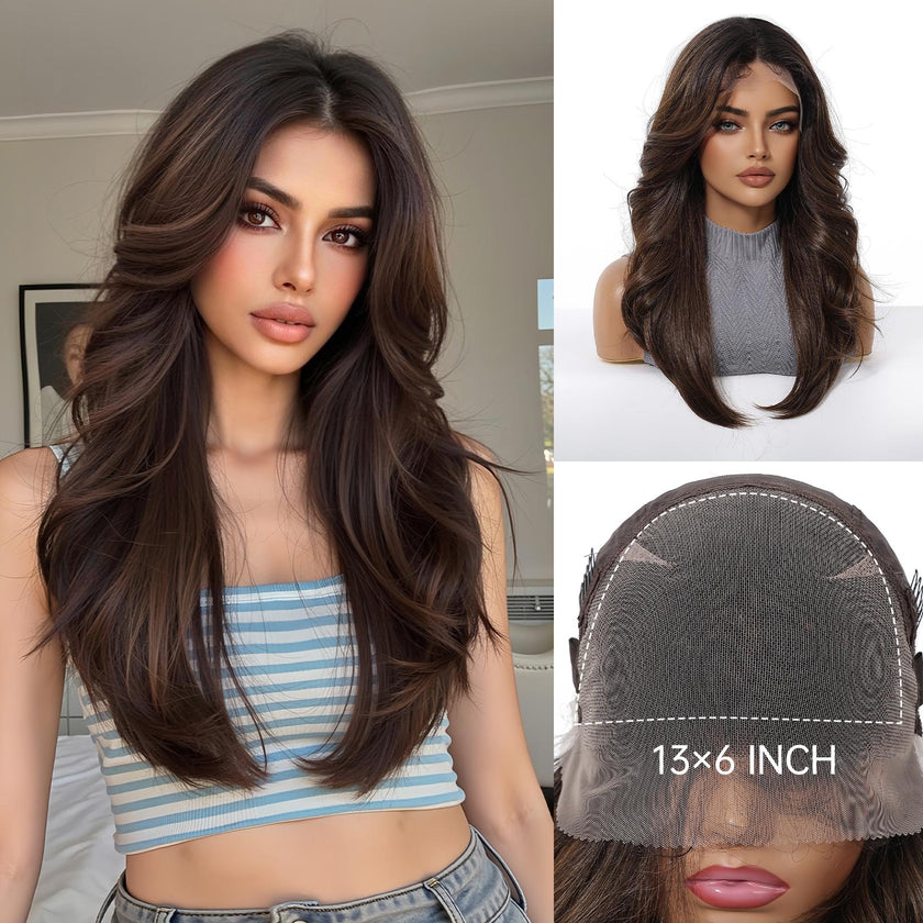 Tilly - DWY 13x6 Filter Lace Front Free Part Medium-Length Wavy Brown Black Wig with Dark Roots