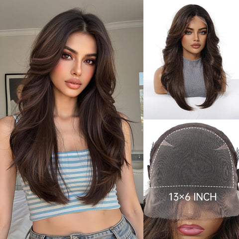 DWY Tilly - 13x6 Filter Lace Front Free Part Medium-Length Wavy Brown Black Wig with Dark Roots
