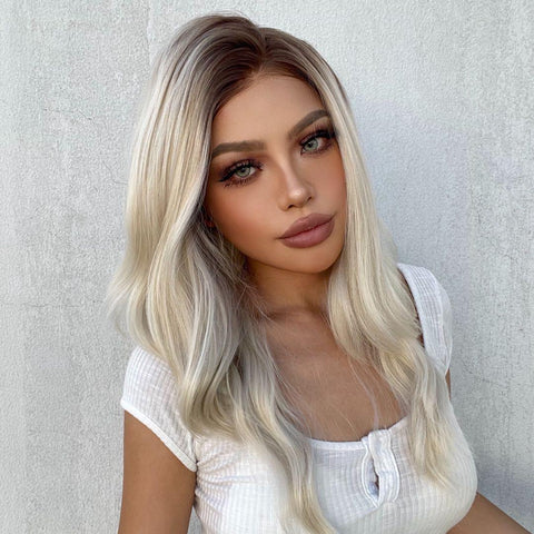 [*SuSu]【Free Part】【Lace Front】DWY Mid-Length Curly Platinum Blonde With Dark Roots Ombre Synthetic Wig Women Daily Use BL66229-1