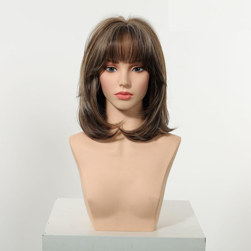 Cici-DWY MiraScalp Short-length Bob Hair Light Brown with Blonde Highlights Glueless Synthetic Wig