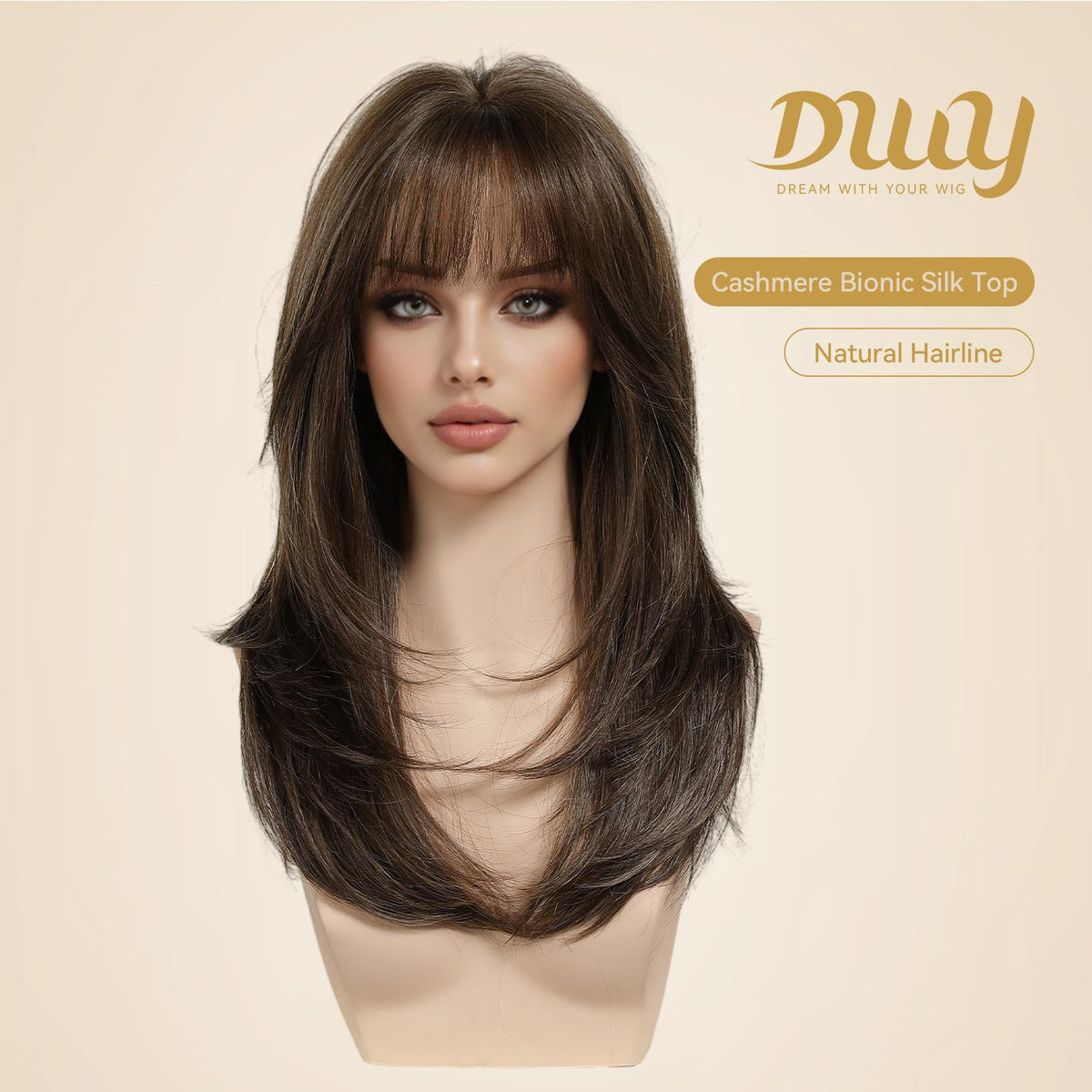 Kona NEW CRAFT! [GEN4 cashmere Bionic Silky Top] 20 Inch Long Dark Espresso Brown Glueless Synthetic Wig with Bangs for Women High Quality soft texture Easy Wear Comfortable Fit