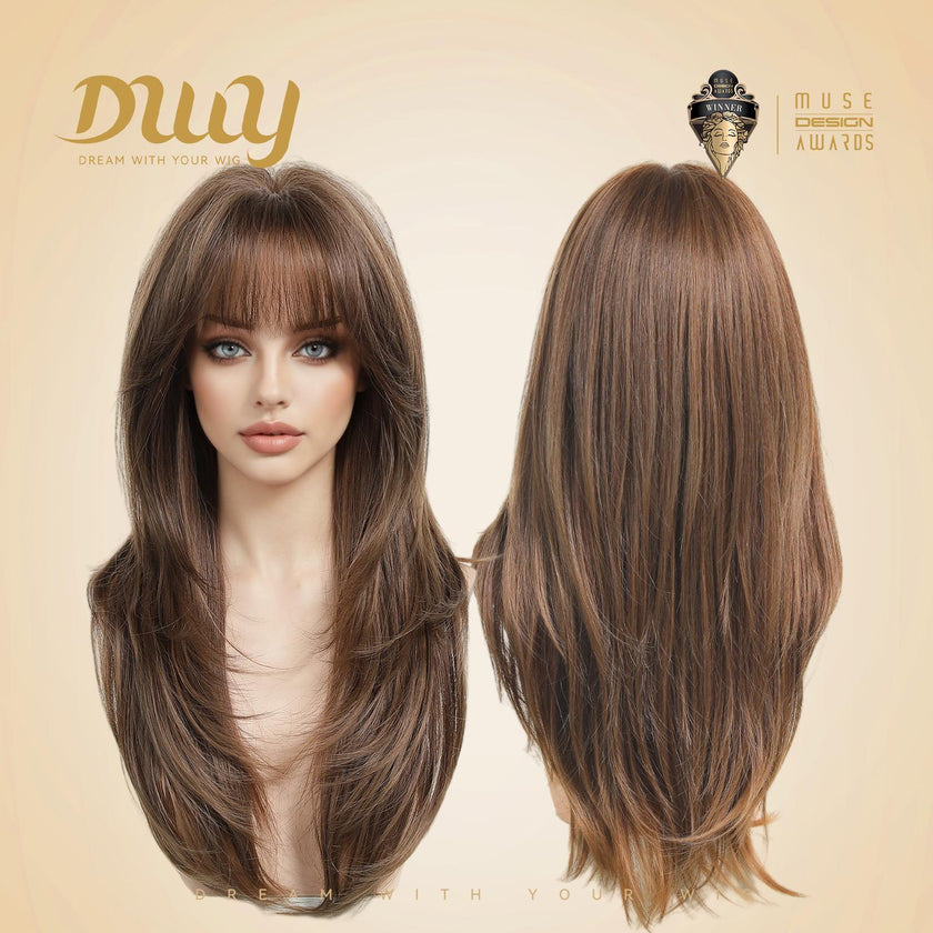 Biscuit NEW CRAFT! [GEN4 cashmere Bionic Silky Top] 22 Inch Long Warm Chestnut Brown Glueless Synthetic Wig with Bangs for Women High Quality soft texture Easy Wear Comfortable Fit