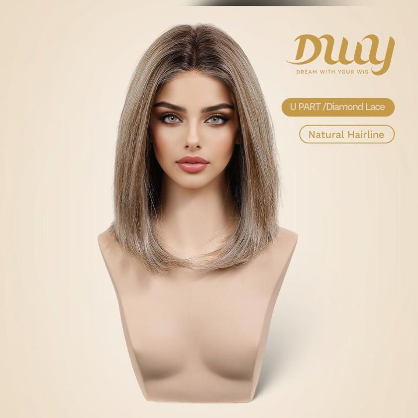 Halzey-DWY Pre cut U part Diamond Lace Icy Bronde Highlights Scandi Hairline BOB Glueless Synthetic Wig 15 Inch