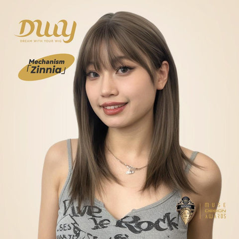 【New in】Zinnia - 16-Inch Tea Brown Mid-Length Layered Straight Wig with Bangs - Glueless Synthetic Hair