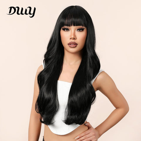 [Adr] DWY 30 Inches Long Curly Black Wigs with Bangs Synthetic Wigs Women's Wigs for Daily or Cosplay Use WL1113-2