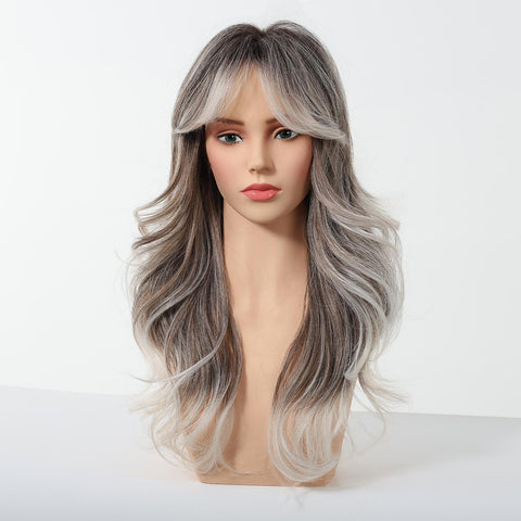Simone -DWY Long-length Layer-cut Wave Ash Grey Gradient Glueless Synthetic Wig