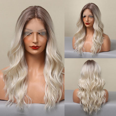 [*SuSu]【Free Part】【Lace Front】DWY Mid-Length Curly Platinum Blonde With Dark Roots Ombre Synthetic Wig Women Daily Use BL66229-1