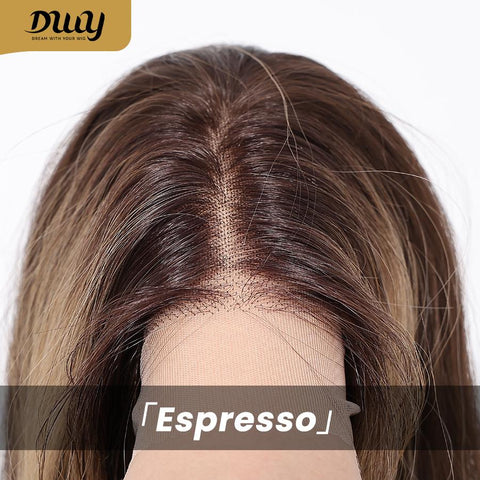 Espresso-DWY 28-Inch Lace Front Wig: Wavy Dark Brown with Highlights - Glueless Free Part Style