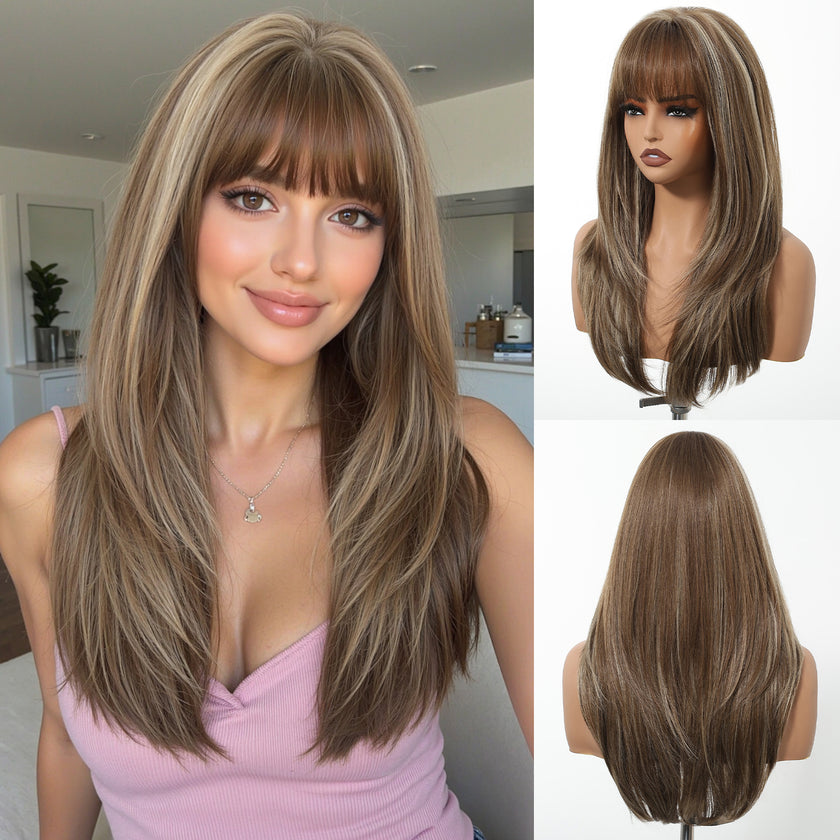 Elara-DWY 22 Inch Silver Grey Balayage Long Layered Wig with Air Bangs | Natural Synthetic Hair for Women | Daily Wear & Versatile Styling