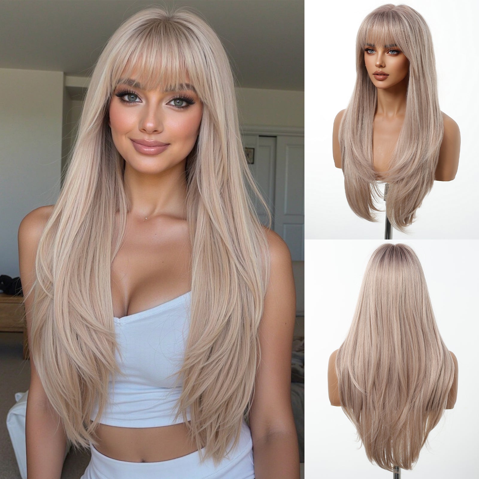 Elara-DWY 22 Inch Silver Grey Balayage Long Layered Wig with Air Bangs | Natural Synthetic Hair for Women | Daily Wear & Versatile Styling