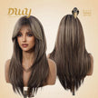 Front and back views of a mannequin head displaying a long, layered DWY wig with highlights and bangs, set against a beige backdrop with the brand logo and Muse Design Awards badge. 165 characters.