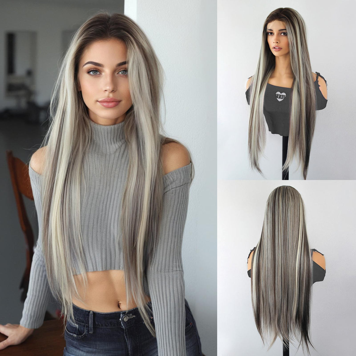 Gianna-DWY 13*6 Free Part Lace Front Long White Gray Silky Straight Glueless Synthetic Wig