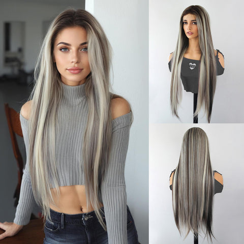 Gianna-DWY 13*6 Free Part Lace Front Long White Gray Silky Straight Glueless Synthetic Wig