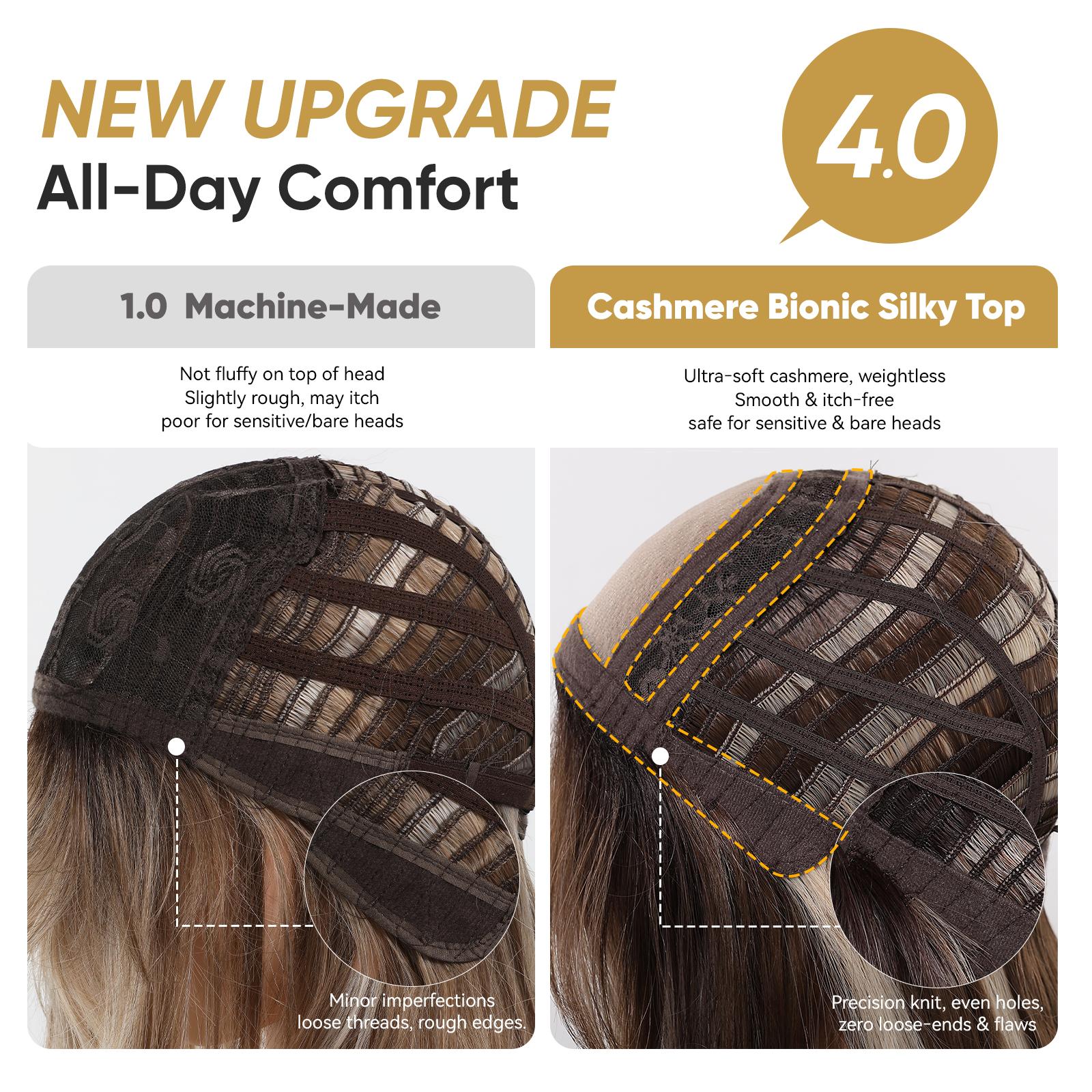 A comparative product image showing a standard machine-made wig cap versus the upgraded DWY 'Cashmere Bionic Silky Top' for enhanced all-day comfort.