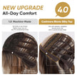 A comparative product image showing a standard machine-made wig cap versus the upgraded DWY 'Cashmere Bionic Silky Top' for enhanced all-day comfort.