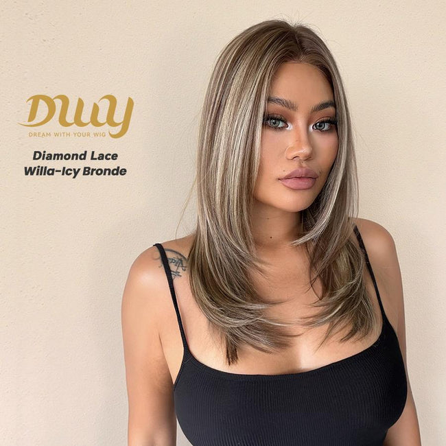 Willa- NEW! DWY Pre-cut U part Diamond Lace Long-length Lace Icy Bronde Highlighted Layer-cut Curly Hair Glueless Synthetic Wigs for Women 22 Inch