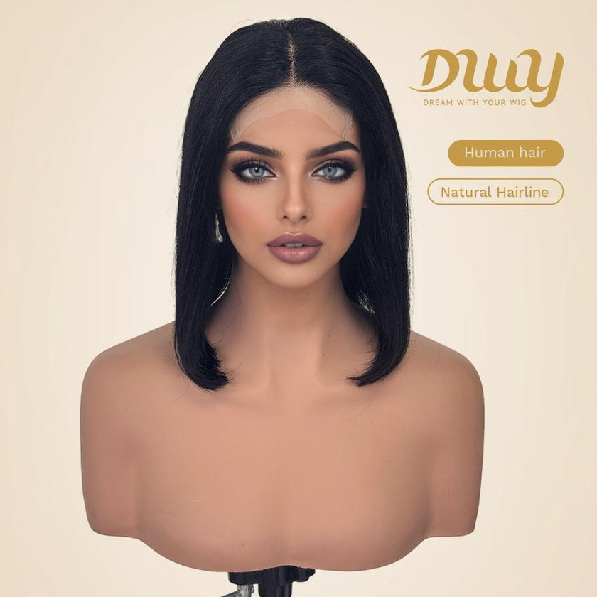Front view of the DWY human hair black bob wig on a mannequin, highlighting the hyper-realistic natural hairline and scalp for an undetectable finish.