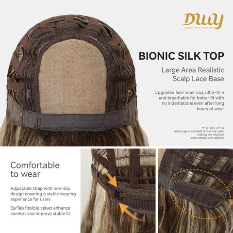 Kimi C-DWY New Technology! Bionic Silk Top 22-Inch Long Wave Light Brown Glueless Synthetic Wig with Bangs for Women High-Quality Premium Fiber Easy Wear Comfortable Fit