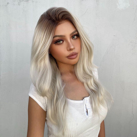 [*SuSu]【Free Part】【Lace Front】DWY Mid-Length Curly Platinum Blonde With Dark Roots Ombre Synthetic Wig Women Daily Use BL66229-1