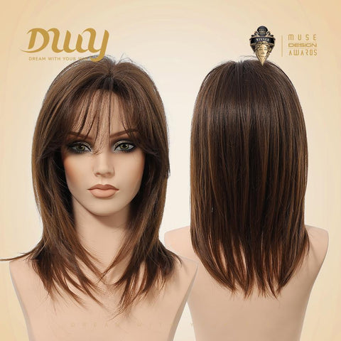 【New in】Lyla- 16-Inch Mid-Length Straight Brown Layered Wig with Air Bangs - Glueless Synthetic Hair