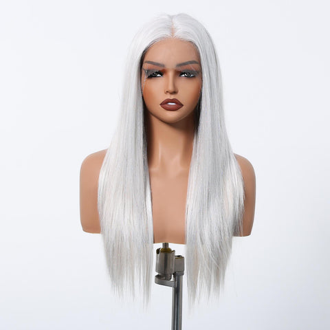 【LIMITED DEAL】DWY Lace Front Middle Part Long-Length Straight White Glueless Synthetic Wig for Women 20 Inches